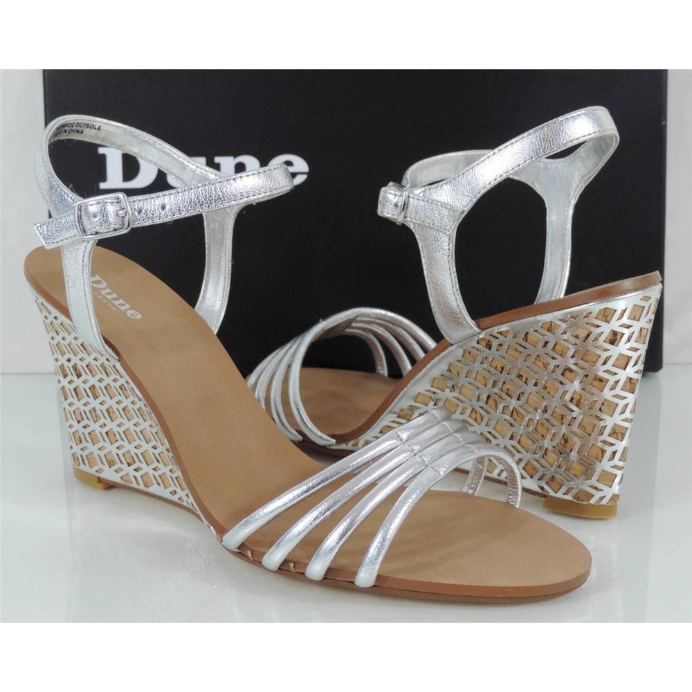 Dune London Hath Dress Strappy Wedge Heels Sandal Leather Silver